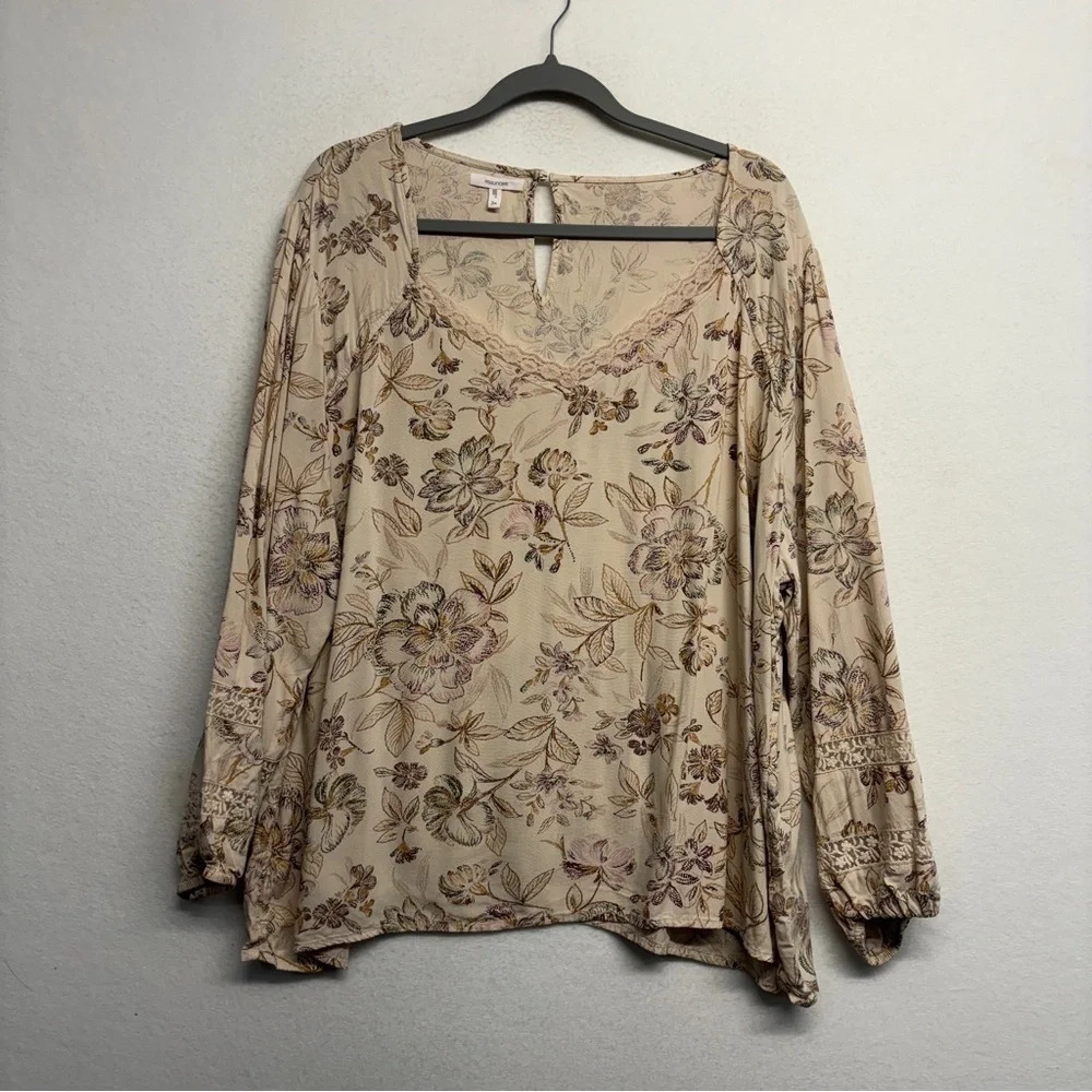 Maurices Floral Peasant‎ Blouse Tan 3X